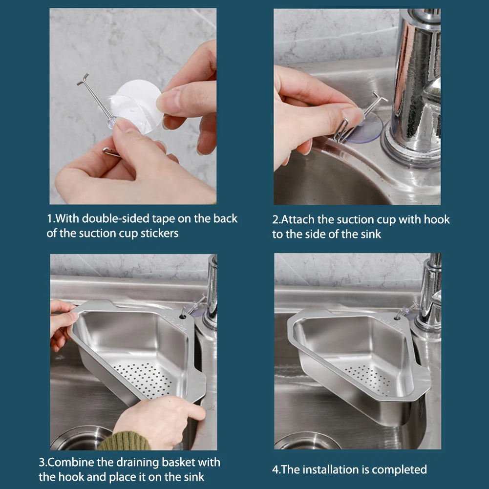 Stainless Steel Triangle Drain Basket Kitchen Sink Filter Shelf Fruit Vegetable Drainer Storage Rack Basket Bar with Suction Cup