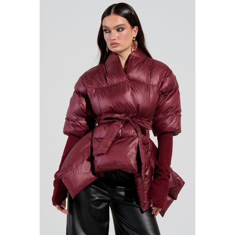 RIB SLEEVE PEPLUM PUFFER in BURGUNDY