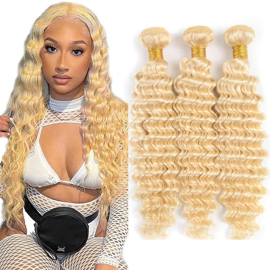 22 24 26 Inch 613 Human Hair Bundles Blonde Deep Wave Bundles Human Hair 8A Brazilian Virgin Remy Hair 3 Bundles 613 Deep Wave Bundles Hair Extensions 300G Blonde Bundles