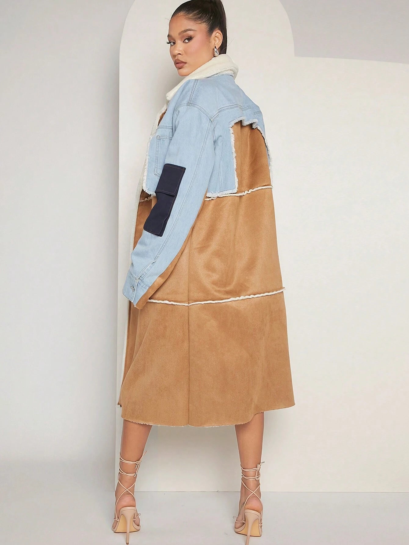 Hauture Colorblock Lapel Neck Belted Coat