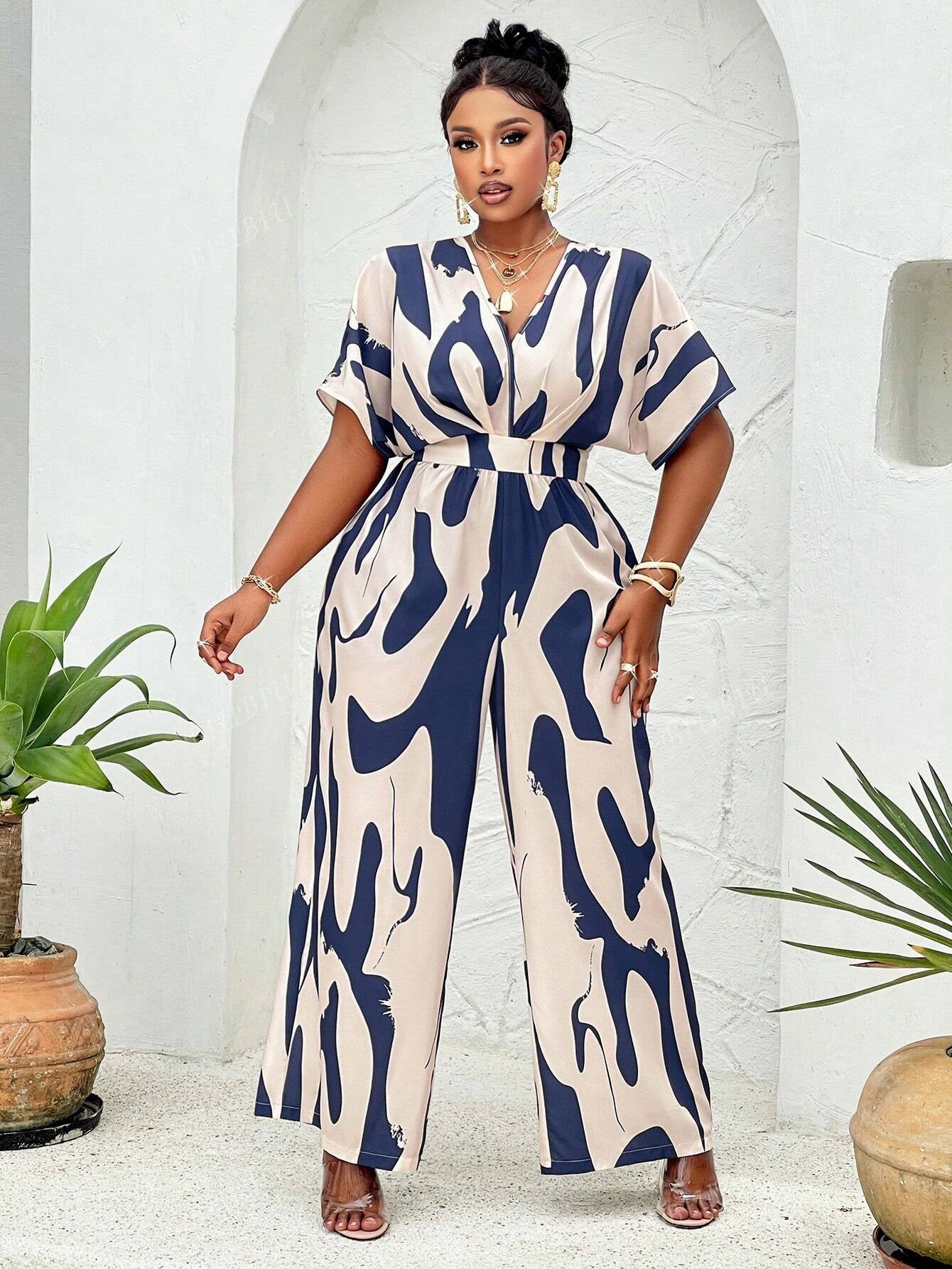 BIUBIU Women'S plus Size Elegant Deep V Batwing Sleeve Waist-Cinched Wide Leg Jumpsuit Vacation Casual Fashion Long Romper Random Graphic