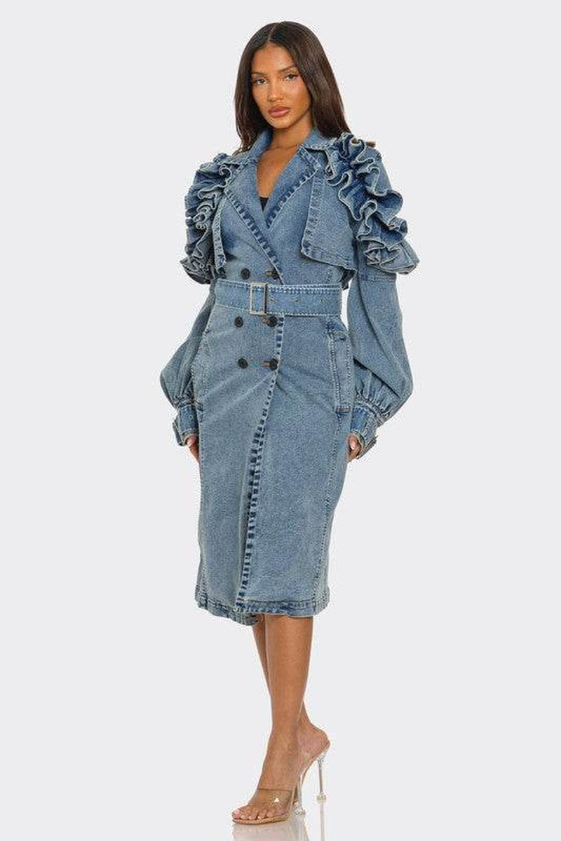 Ruffled Denim Trench Coat