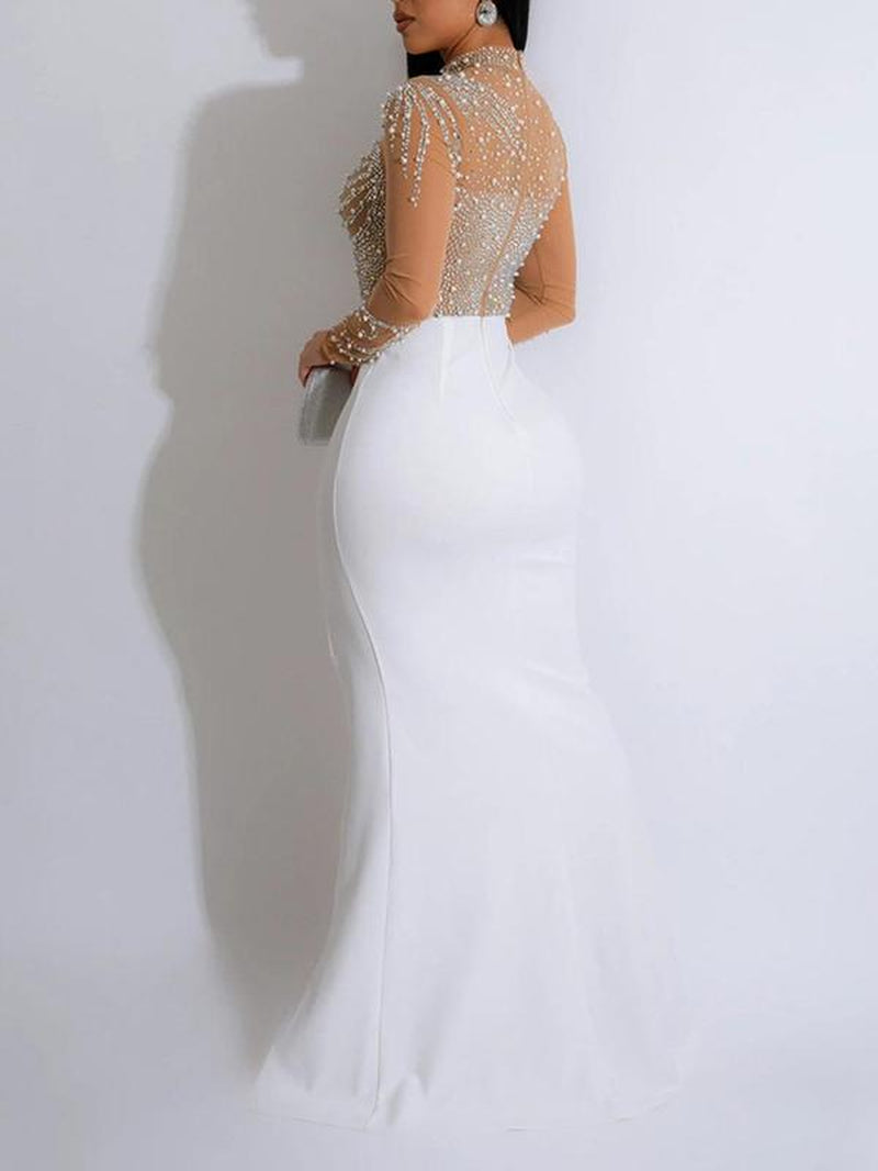 Women'S Rhinestone Decor Contrast Mesh Split Thigh Bodycon Dress, Elegant Long Sleeve Stand Collar Evening Party Gown, Ladies Clothes for All Seasons