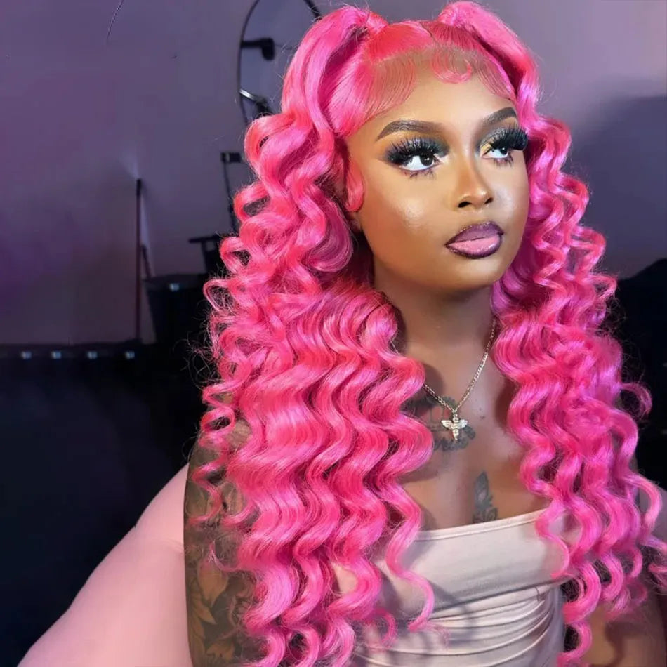 Rose Pink Deep Wave Lace Frontal Wig HD 360 Full Lace Front Simulation Human Hair Wigs Brazilian 613 Honey Blonde/Grey /Blue Cosplay Lace Closure Wigw251206