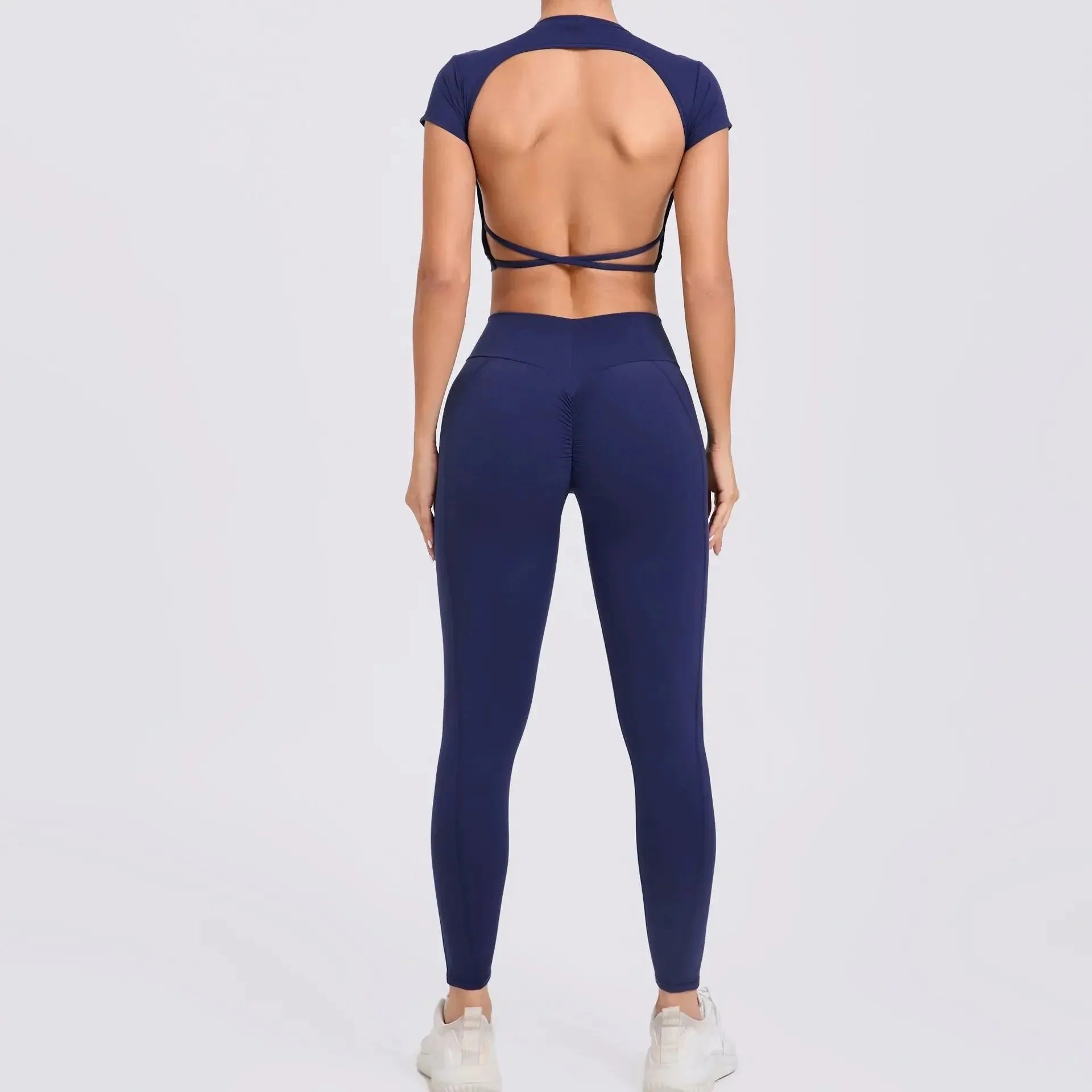 Cross Backless Sporty Set Women 2 Piece Sportswear Short Sleeve Training Suit for Fitness Yoga Wear Female Gym Workout Clothes