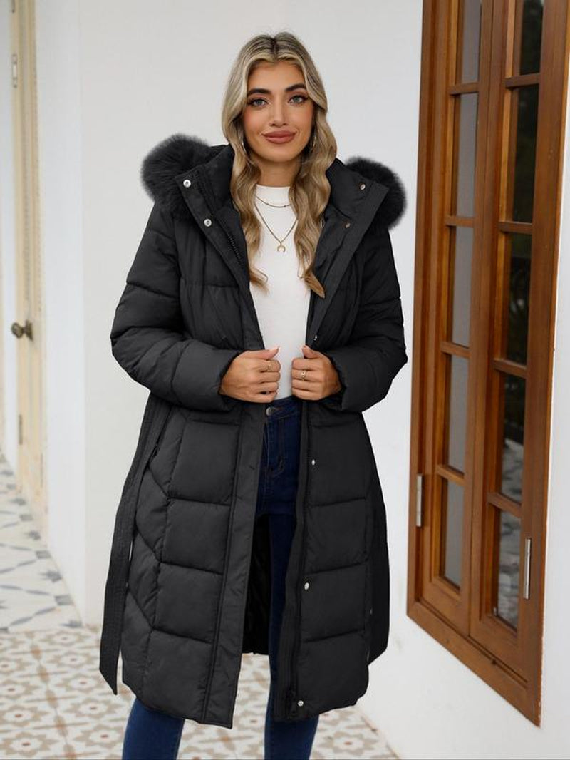 Women'S Fall Winter Hooded Jacket, Casual Fitted Warm Coat with Belt, Long Sleeve Thick Woven Fabric, Daily Wear Outerwear