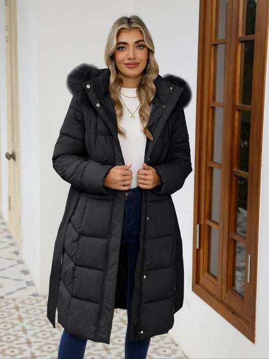 Women'S Fall Winter Hooded Jacket, Casual Fitted Warm Coat with Belt, Long Sleeve Thick Woven Fabric, Daily Wear Outerwear
