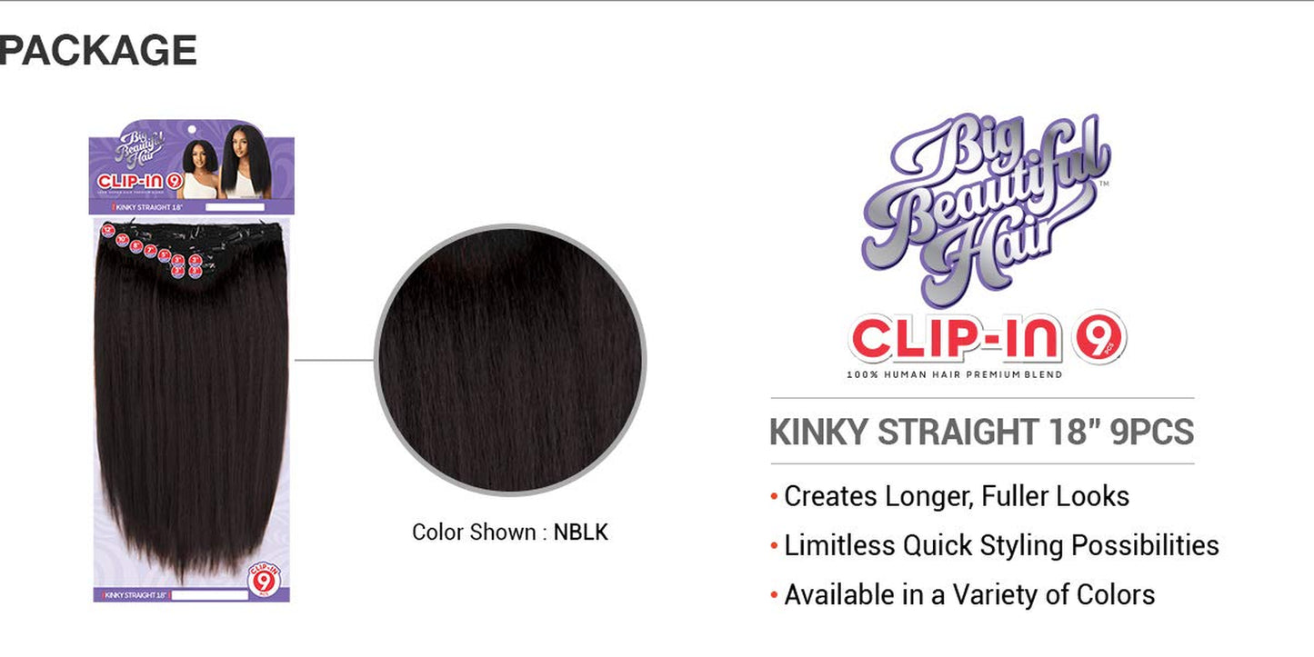 Human Hair Premium Blend Clip-In Big Beautiful Kinky Straight 18" 9Pcs (NBLK)