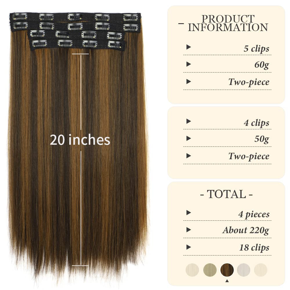 Straight Hair Extensions Clip in Long Synthetic Hair Extensions 20 Inches Thick Hairpieces for Women (20 Inch, St-Dark Brown Mix Chestnut Blonde)