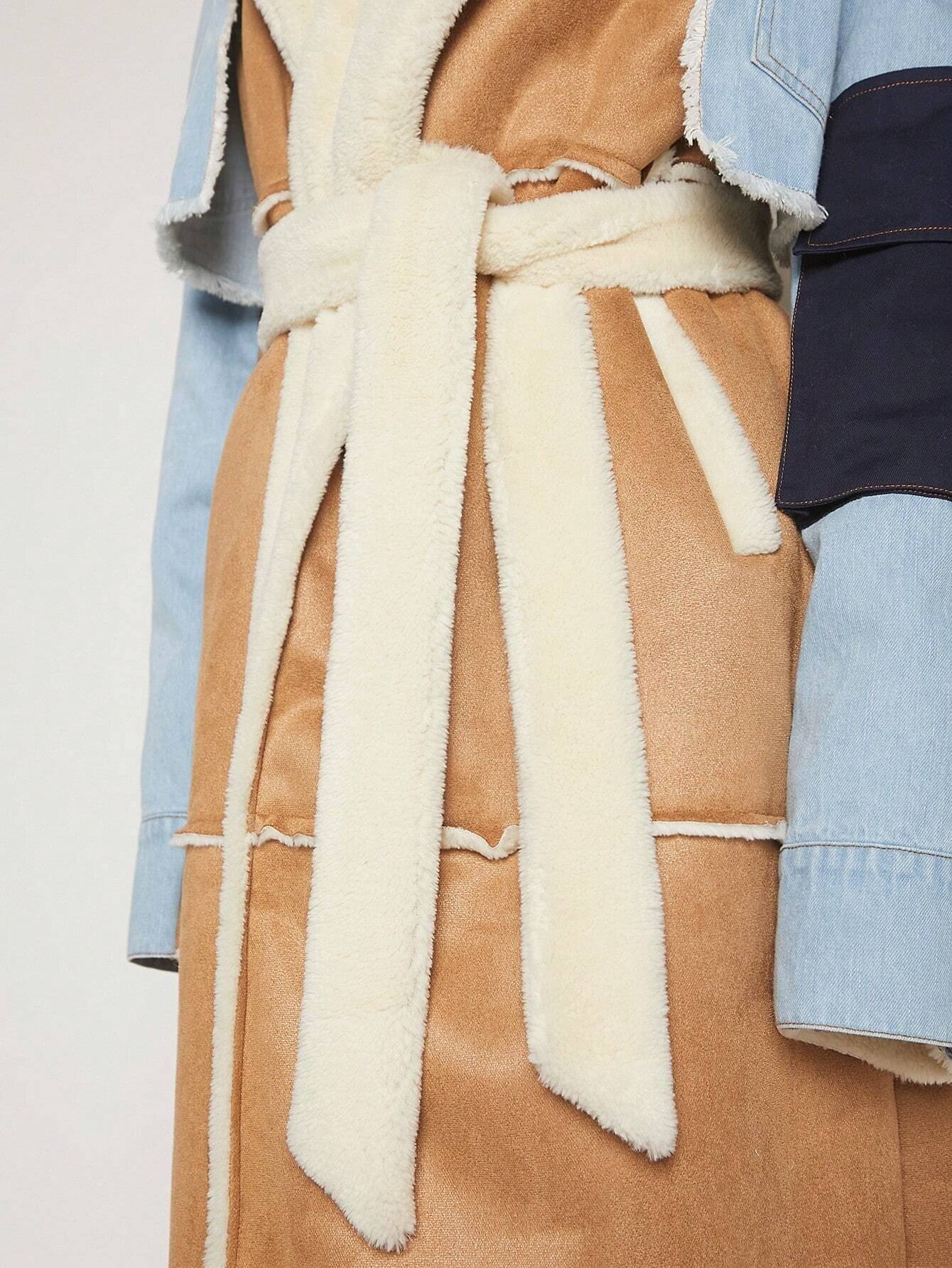 Hauture Colorblock Lapel Neck Belted Coat