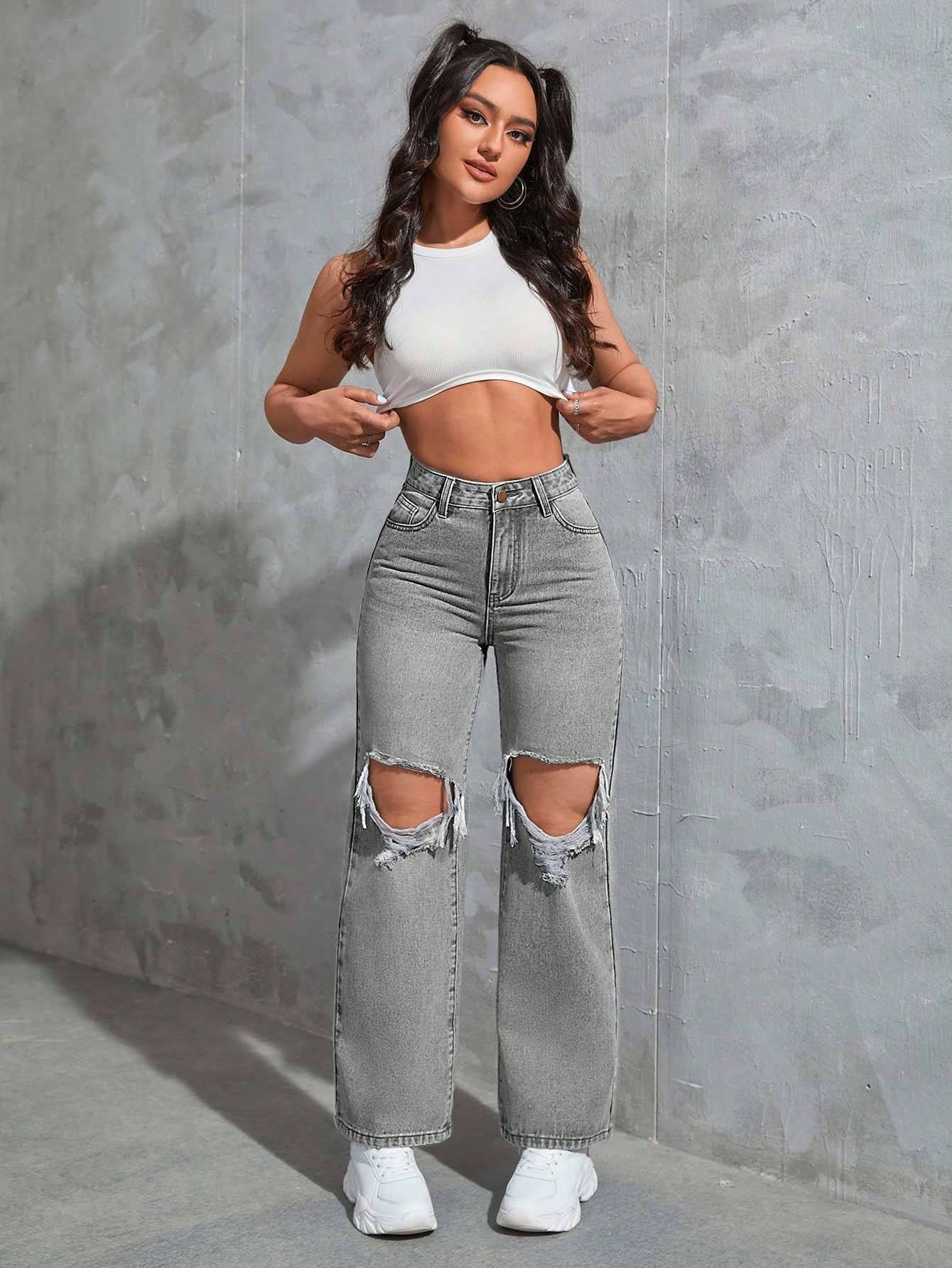 SHEIN Ezwear Cut Out Ripped Jeans