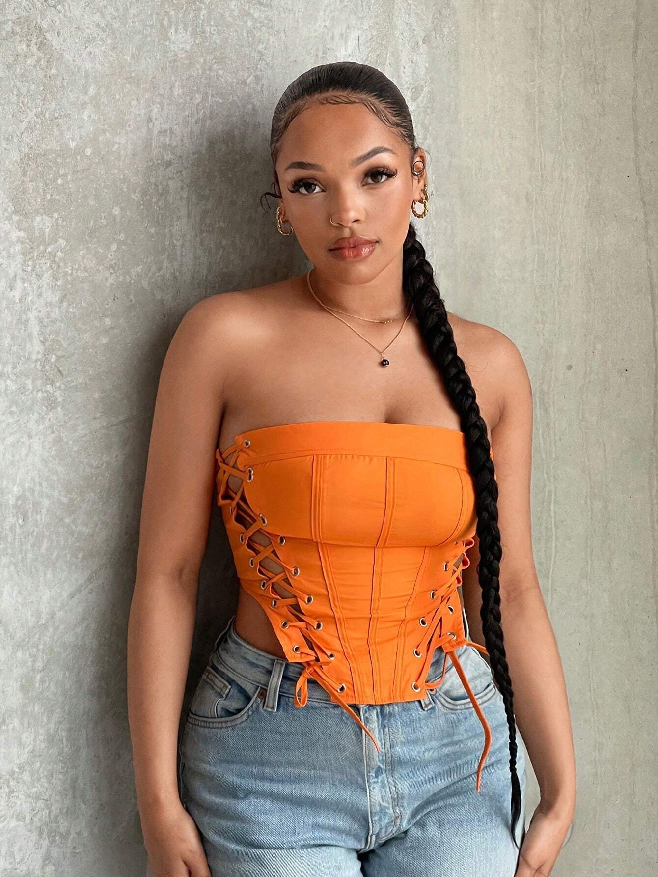 SXY Lace up Front Bandana Hem Tube Top