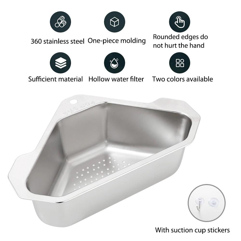 Stainless Steel Triangle Drain Basket Kitchen Sink Filter Shelf Fruit Vegetable Drainer Storage Rack Basket Bar with Suction Cup