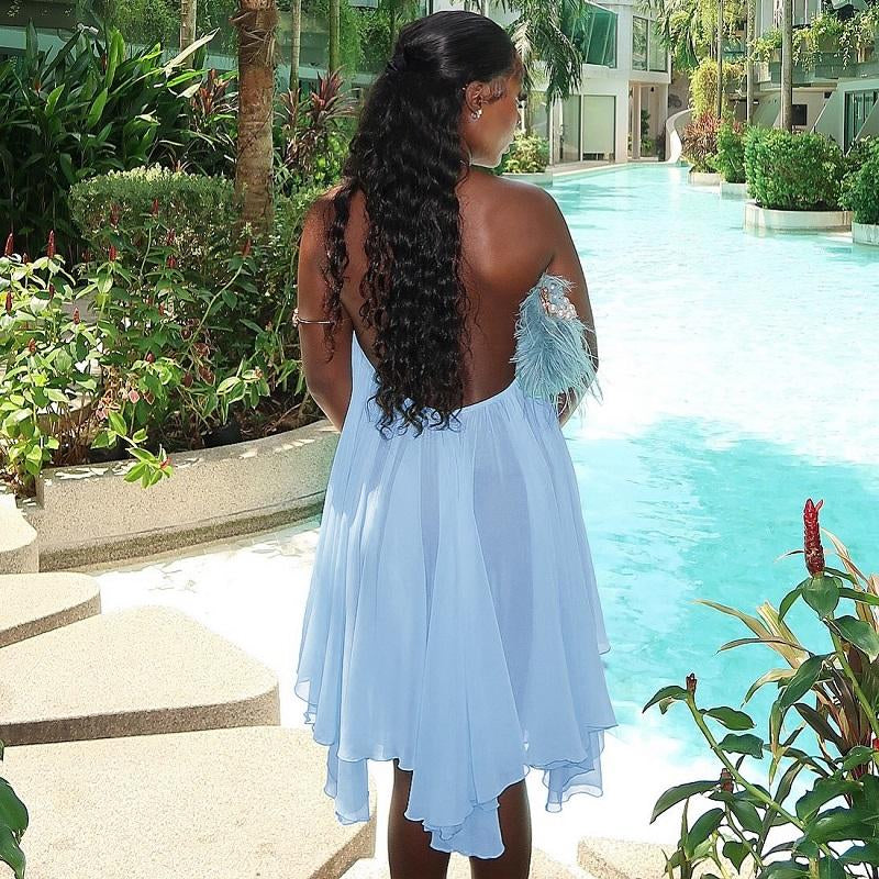 Dreamy Sleeveless Halter Mini Dress with Multiple Layers Solid Color Loose a Line Dress for Women'S 2025 Fall New Arrival Casual Elegant Outfit Parties & Dates, Feminine & Trendy Gown Dresses