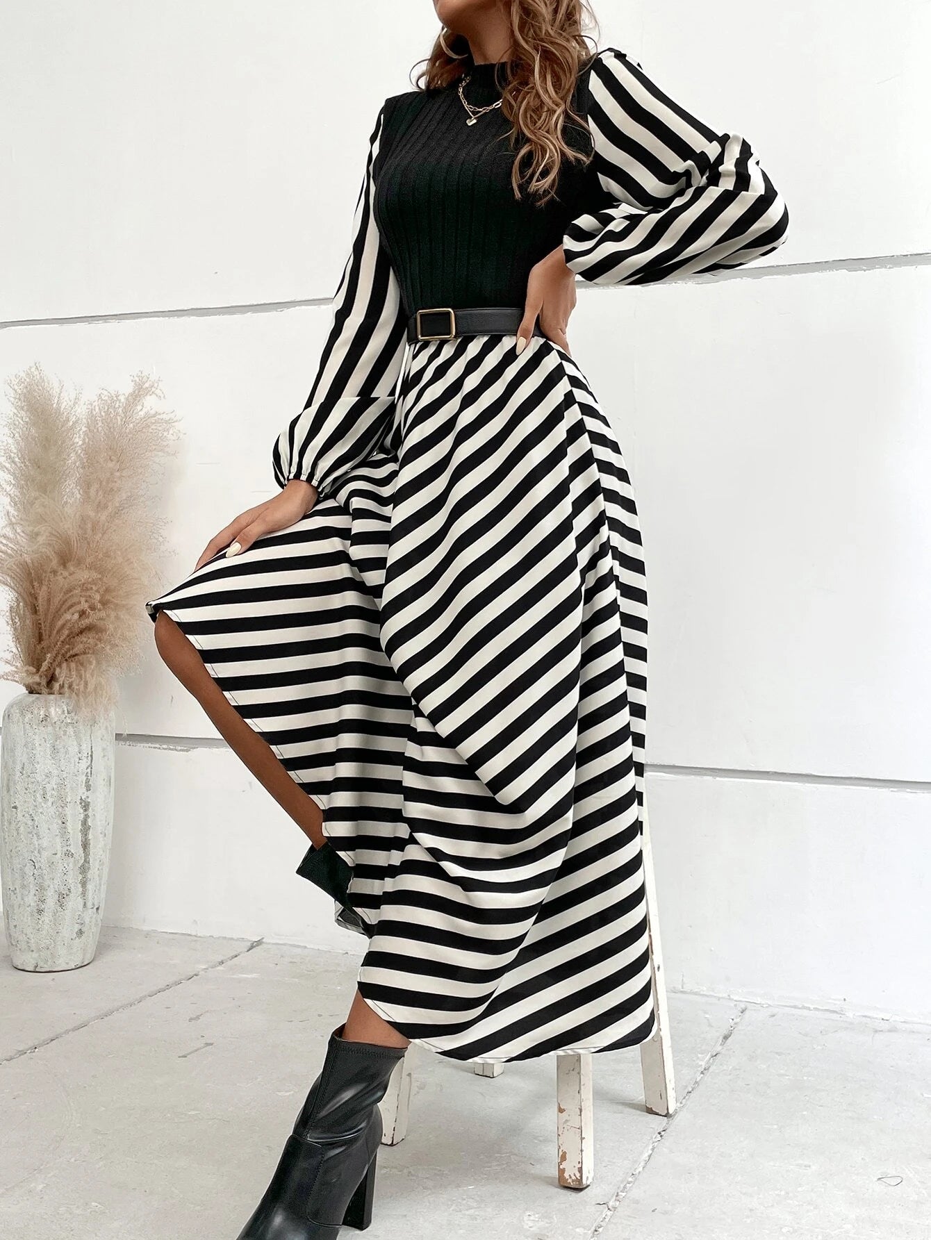 Chiquease Striped Mock Neck Lantern Sleeve Dress without Belt Maxi Women Outfit Fall Cloth for Women