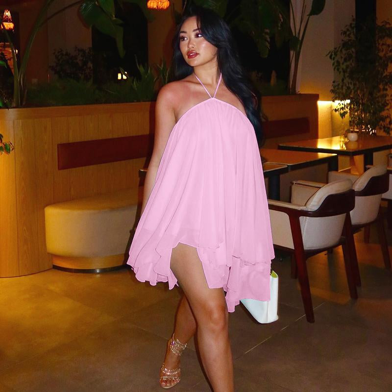 Dreamy Sleeveless Halter Mini Dress with Multiple Layers Solid Color Loose a Line Dress for Women'S 2025 Fall New Arrival Casual Elegant Outfit Parties & Dates, Feminine & Trendy Gown Dresses