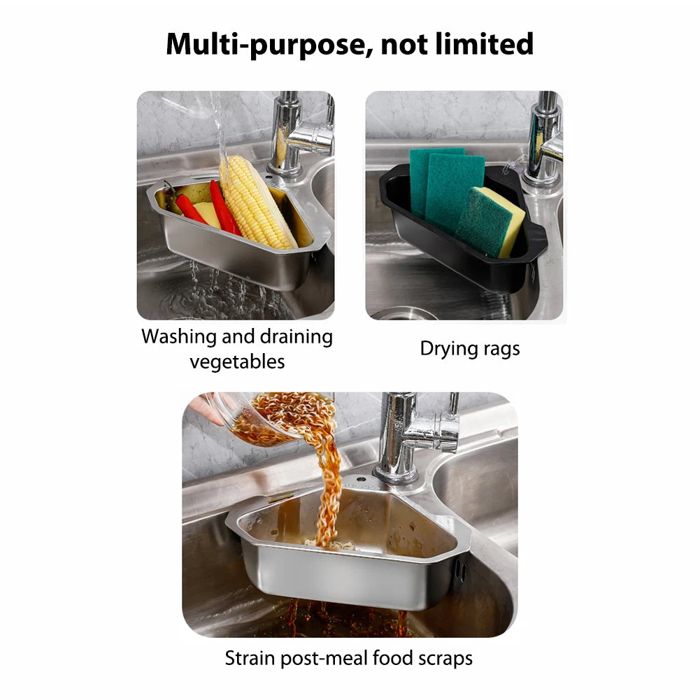 Stainless Steel Triangle Drain Basket Kitchen Sink Filter Shelf Fruit Vegetable Drainer Storage Rack Basket Bar with Suction Cup