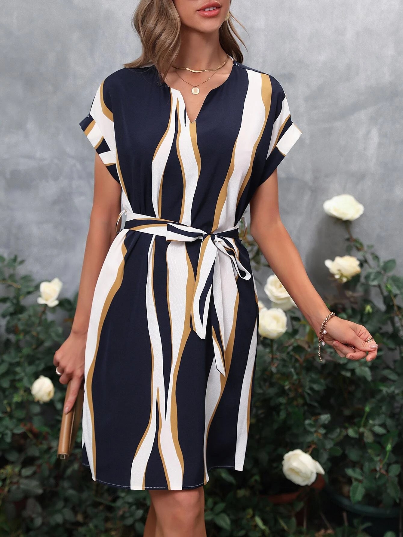Clasi Striped Notched Neck Belted Dress