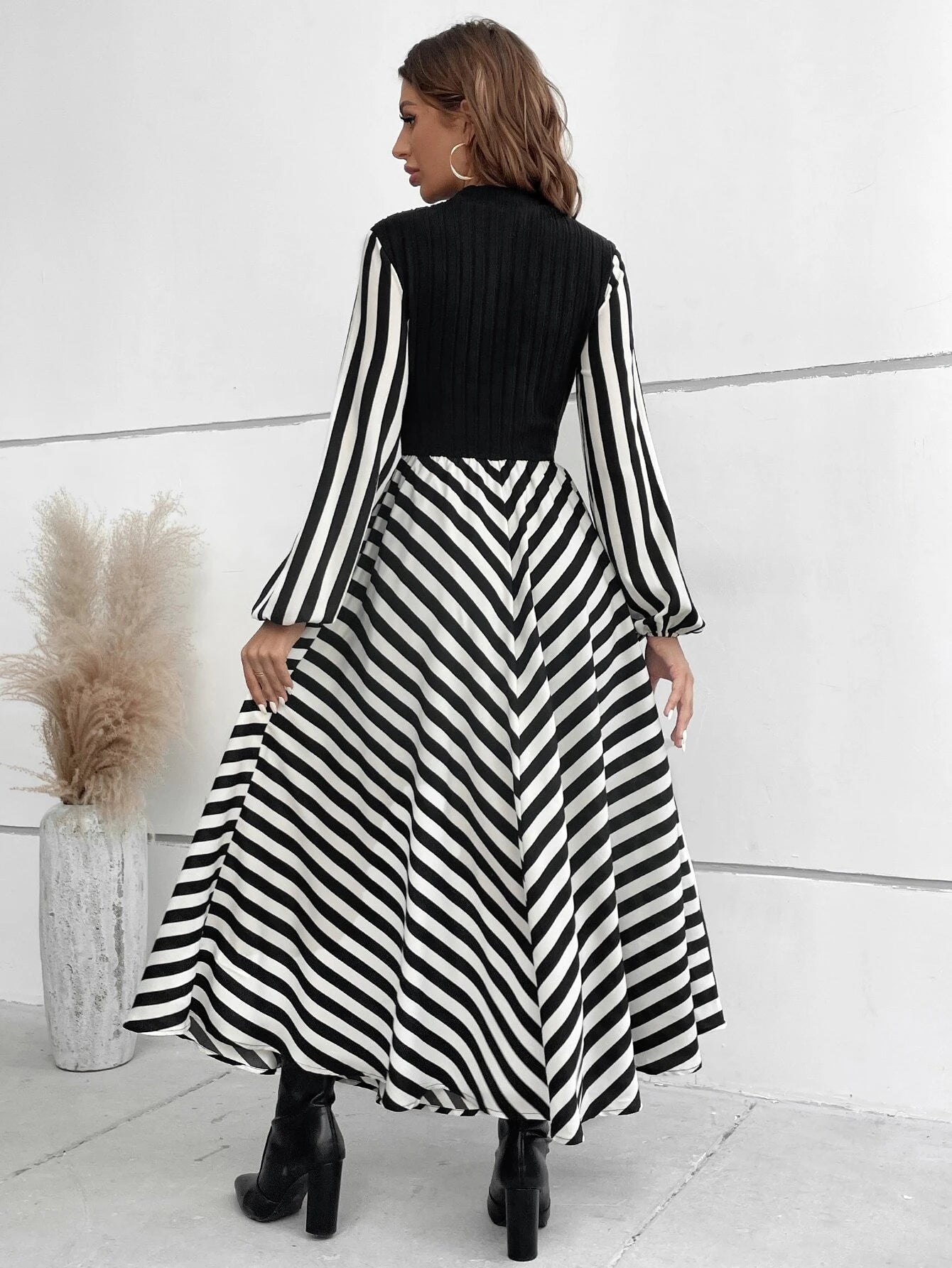 Chiquease Striped Mock Neck Lantern Sleeve Dress without Belt Maxi Women Outfit Fall Cloth for Women