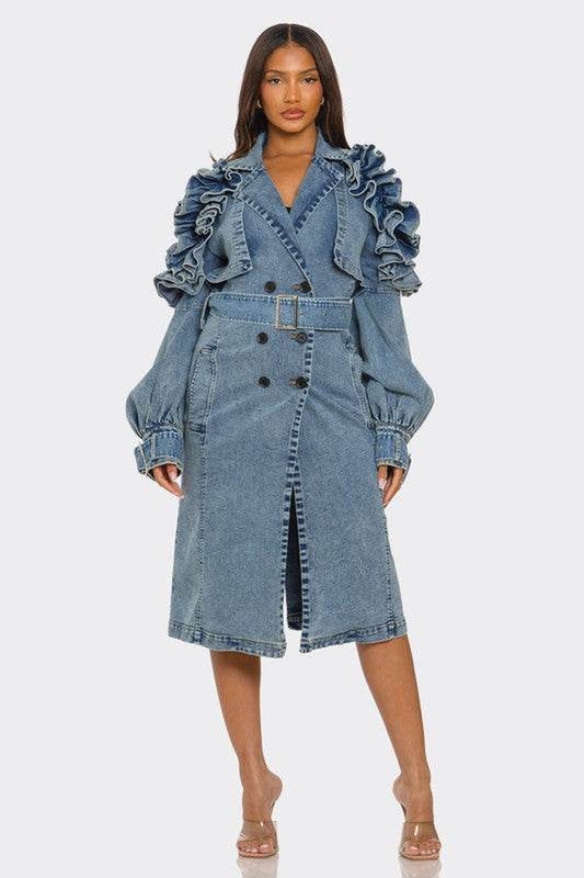 Ruffled Denim Trench Coat