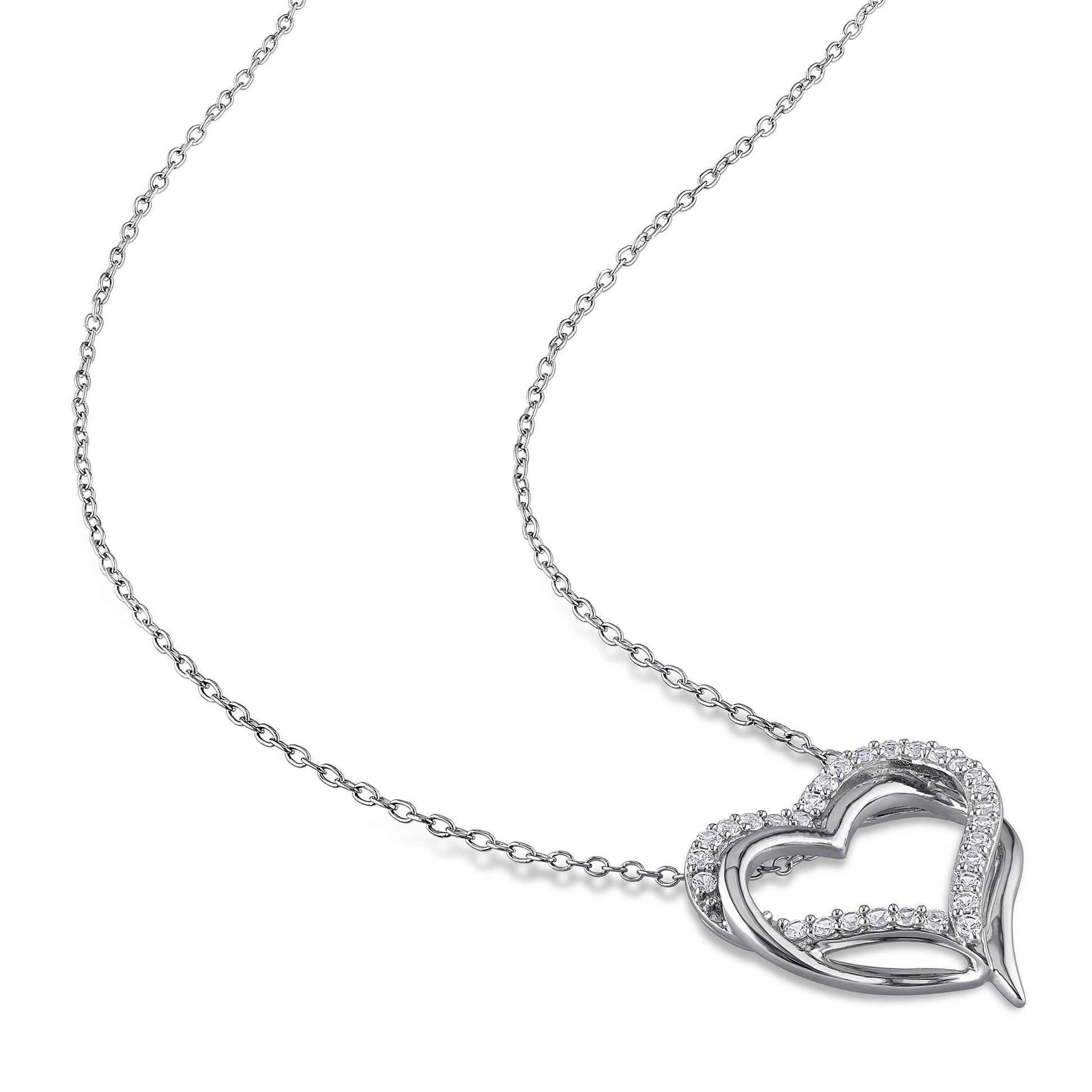 Women'S 5/8 Carat T.G.W. Round-Cut Created White Sapphire Sterling Silver Double Heart Pendant with Chain with Shared Prong Setting and Spring Ring Clasp - 18 In.