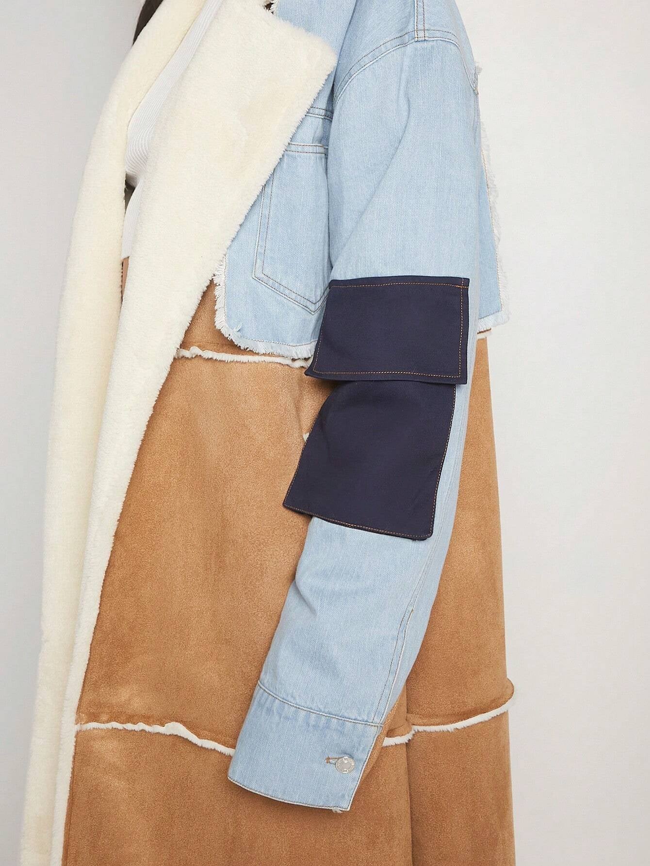 Hauture Colorblock Lapel Neck Belted Coat