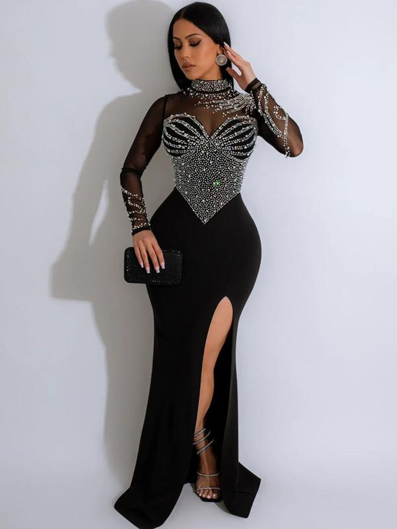 Women'S Rhinestone Decor Contrast Mesh Split Thigh Bodycon Dress, Elegant Long Sleeve Stand Collar Evening Party Gown, Ladies Clothes for All Seasons