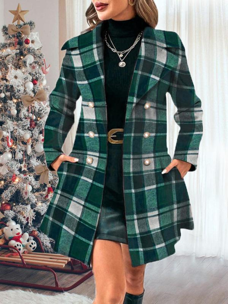 Women'S Solid Color Double Button Lapel Coat, Elegant Fashion Long Sleeve Pocket Design Coat for Daily Outdoor Wear, Women Clothing for Fall & Winter