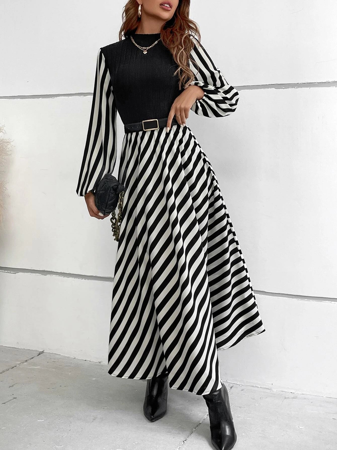 Chiquease Striped Mock Neck Lantern Sleeve Dress without Belt Maxi Women Outfit Fall Cloth for Women