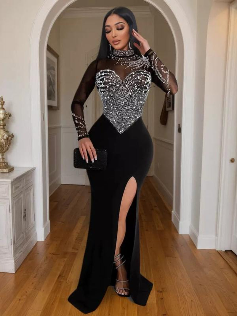 Women'S Rhinestone Decor Contrast Mesh Split Thigh Bodycon Dress, Elegant Long Sleeve Stand Collar Evening Party Gown, Ladies Clothes for All Seasons