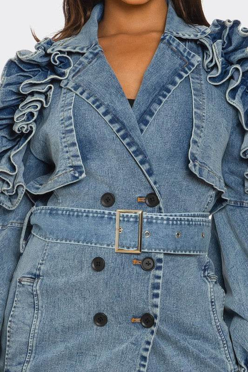 Ruffled Denim Trench Coat