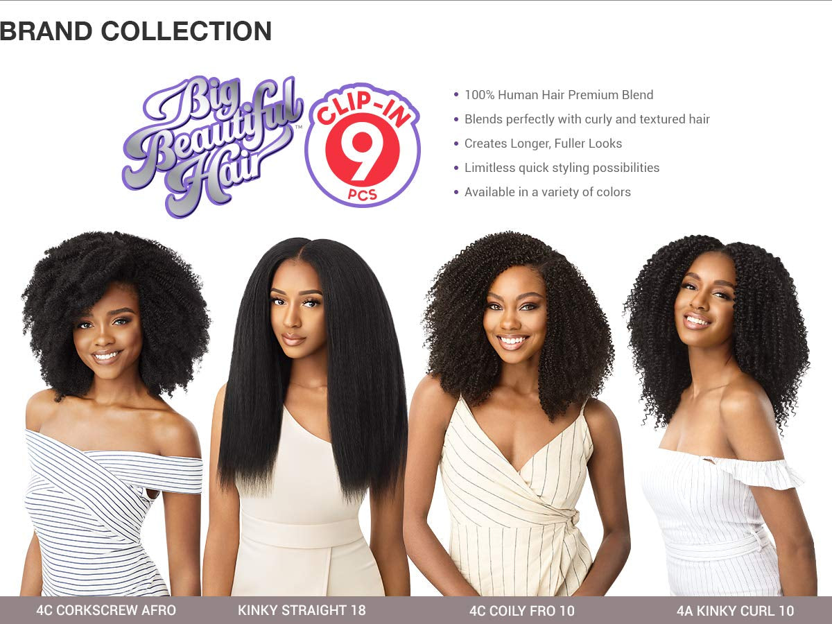 Human Hair Premium Blend Clip-In Big Beautiful Kinky Straight 18" 9Pcs (NBLK)