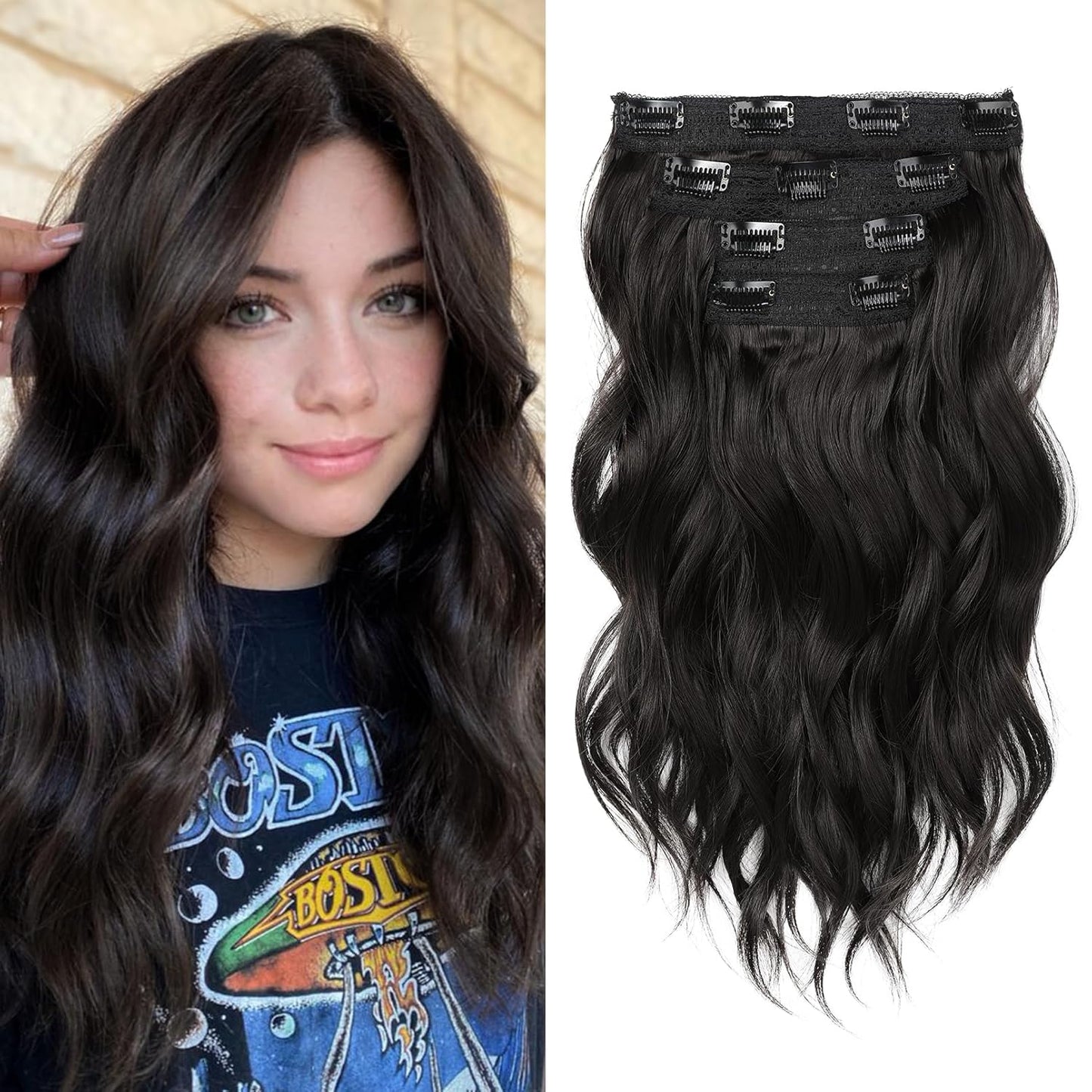 Clip in Hair Extensions - 4PCS 14" Short Beach Wavy Hairpieces, Invisible Lace Weft, Natural Soft Hair for Women (Black Brown)