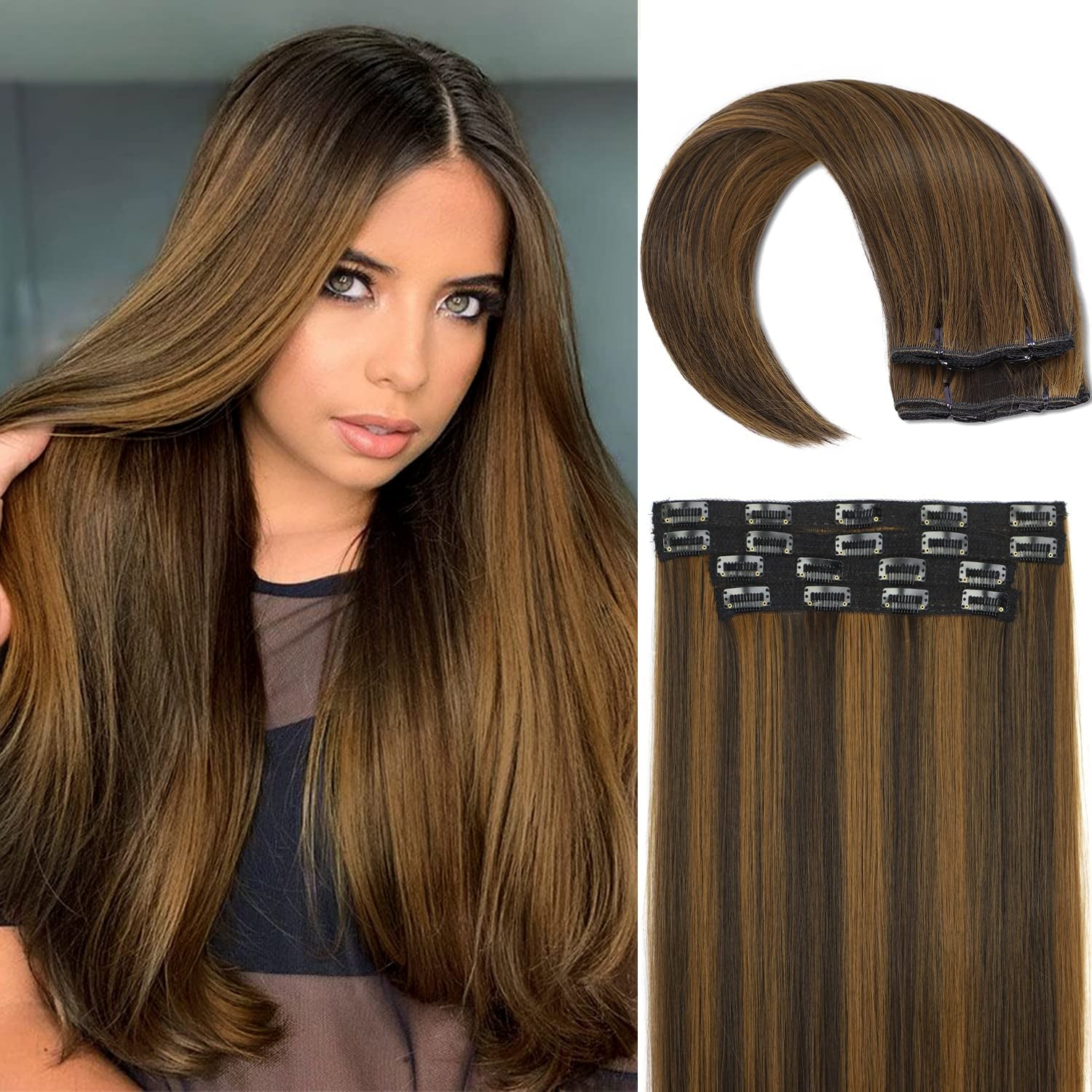 Straight Hair Extensions Clip in Long Synthetic Hair Extensions 20 Inches Thick Hairpieces for Women (20 Inch, St-Dark Brown Mix Chestnut Blonde)