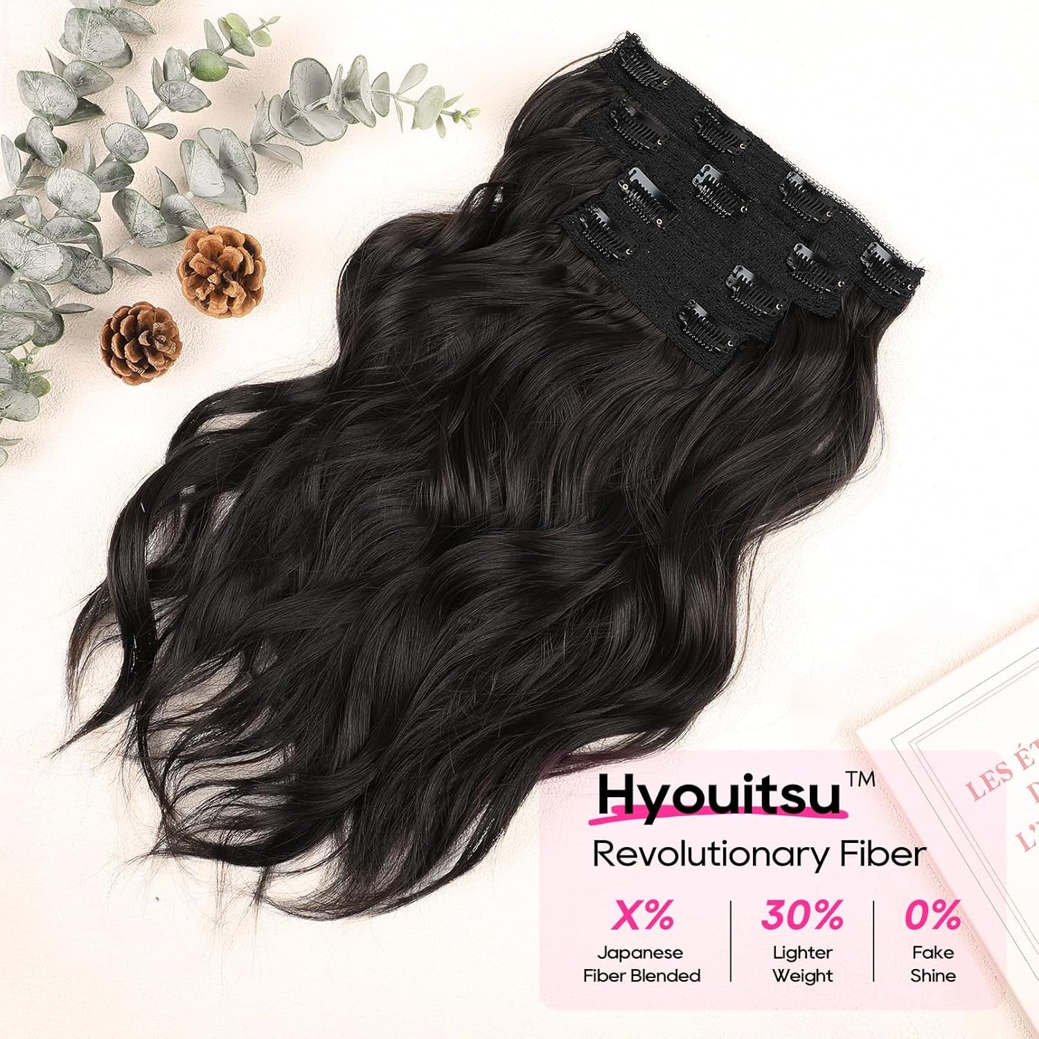Clip in Hair Extensions - 4PCS 14" Short Beach Wavy Hairpieces, Invisible Lace Weft, Natural Soft Hair for Women (Black Brown)
