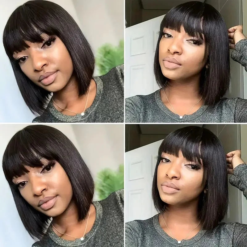 Human Hair Straight Short Hair Non-Toxic Black Wig with Bangs