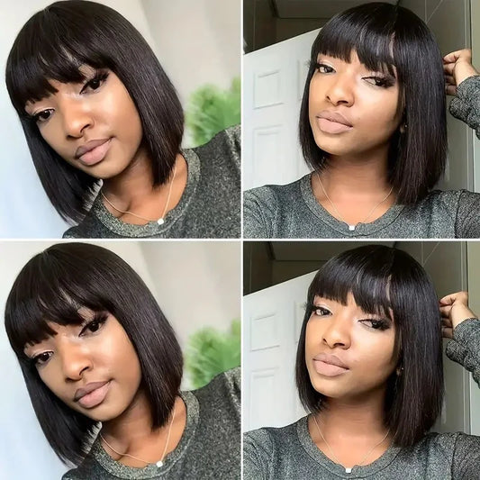 Human Hair Straight Short Hair Non-Toxic Black Wig with Bangs