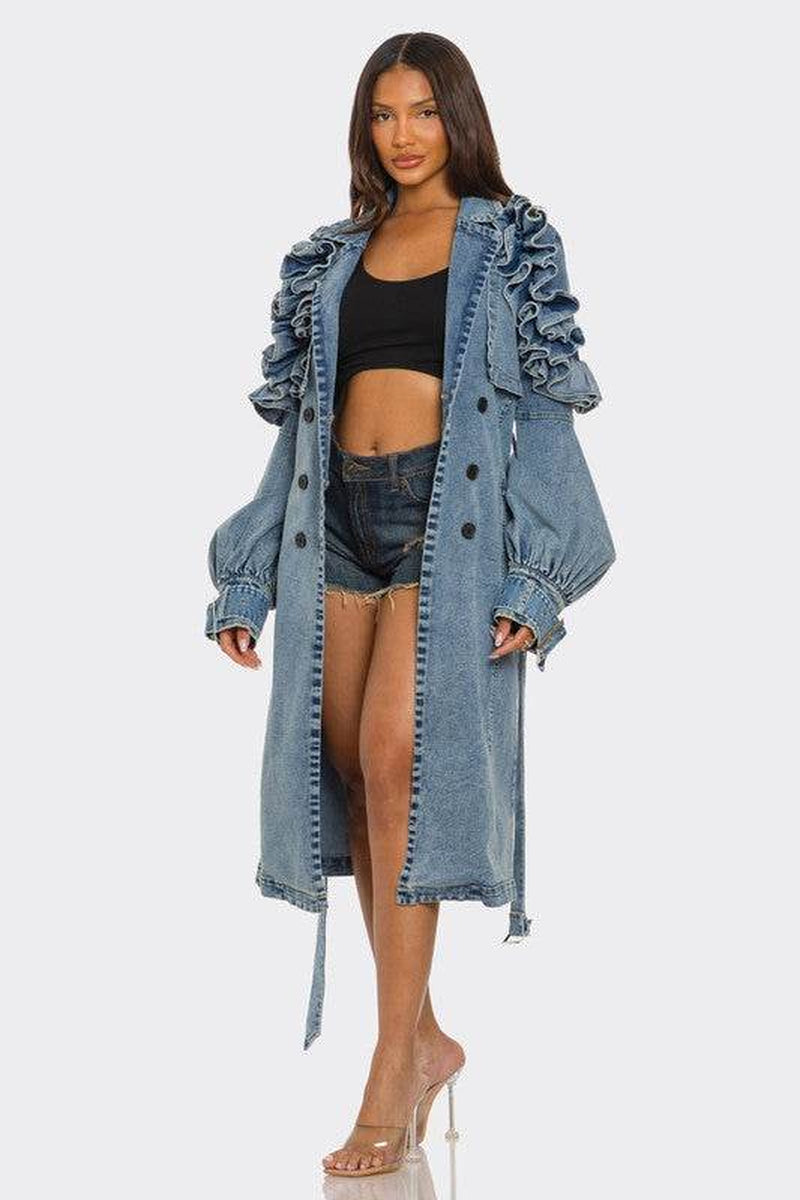 Ruffled Denim Trench Coat