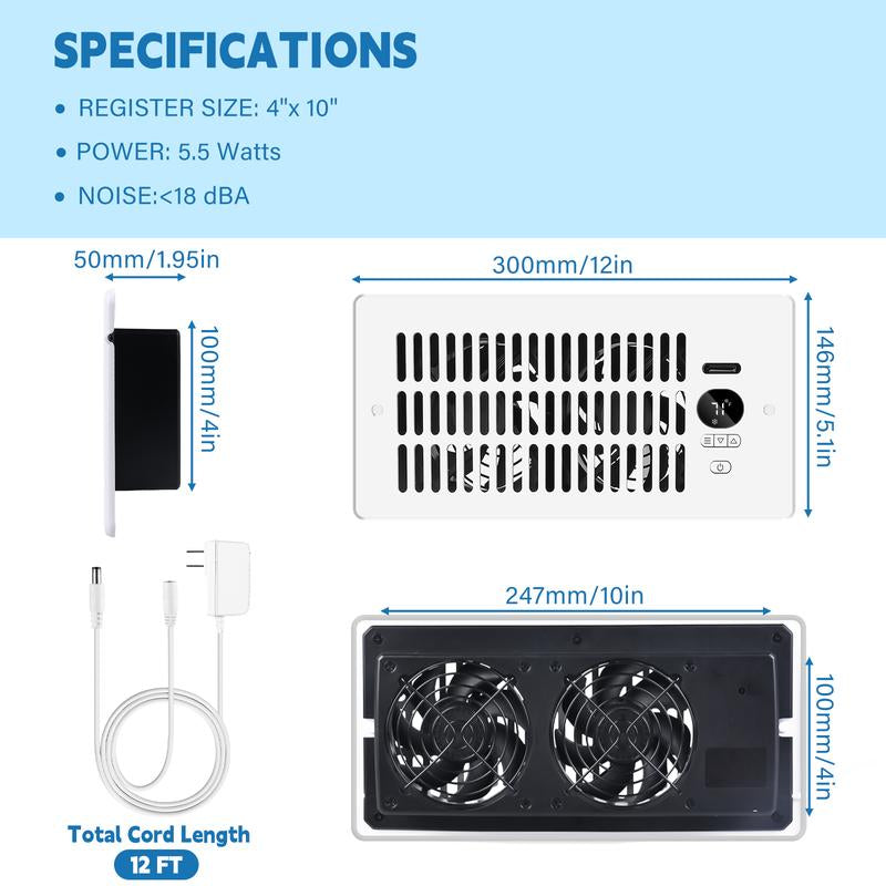Register Booster Fan for 4"X10" Vents, Remote & Temperature Control, 10-Speed Heating & Cooling Airflow Enhancer for Room Wall or Floor