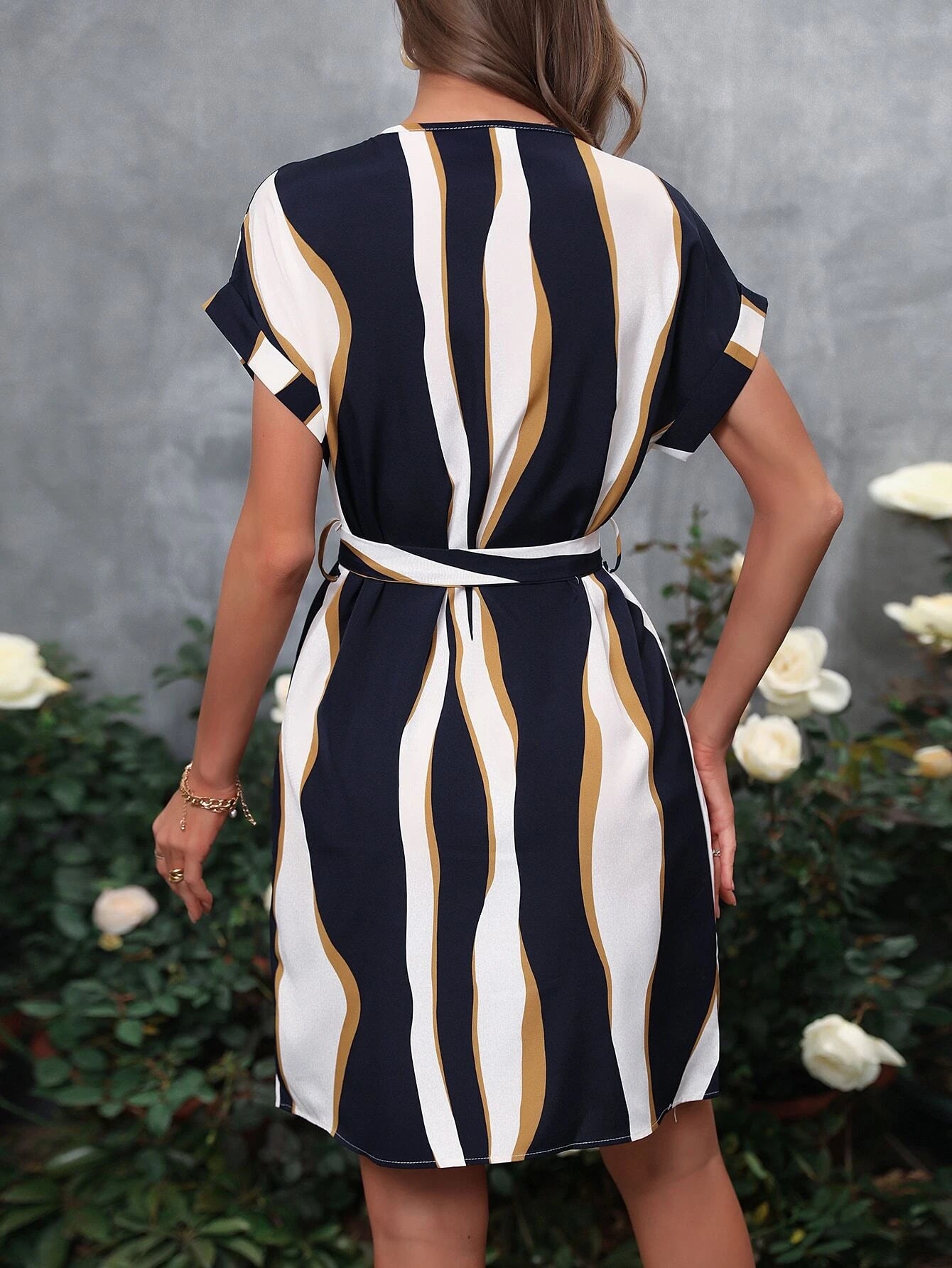 Clasi Striped Notched Neck Belted Dress