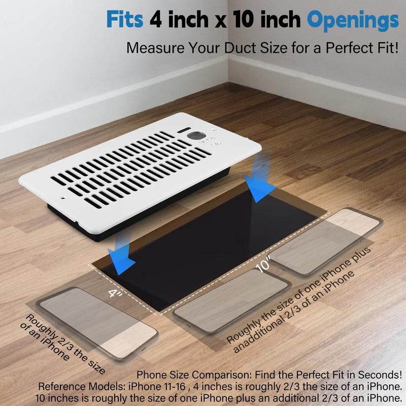 Register Booster Fan for 4"X10" Vents, Remote & Temperature Control, 10-Speed Heating & Cooling Airflow Enhancer for Room Wall or Floor