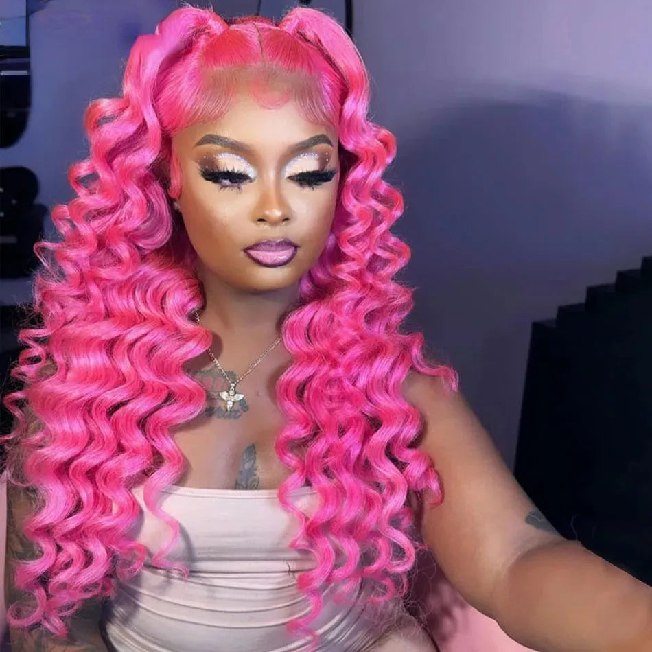 Rose Pink Deep Wave Lace Frontal Wig HD 360 Full Lace Front Simulation Human Hair Wigs Brazilian 613 Honey Blonde/Grey /Blue Cosplay Lace Closure Wigw251206