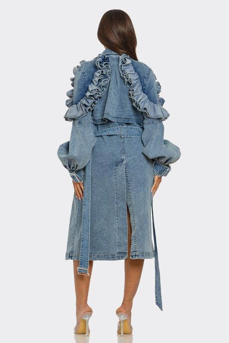 Ruffled Denim Trench Coat