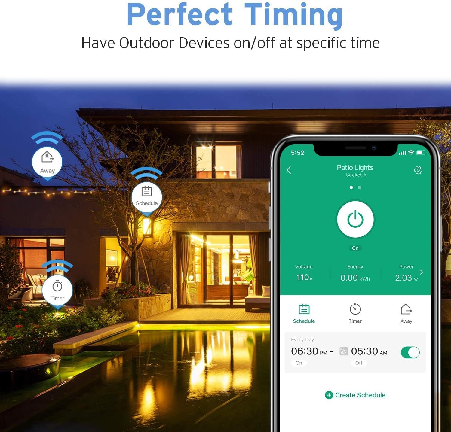 ESO15-TB Outdoor Smart Plug Wifi Outlet with 2 Sockets, Works with Alexa & Google Home, Wireless Remote Control, Energy Monitoring & Timer Function, Waterproof, FCC and ETL Listed, Black