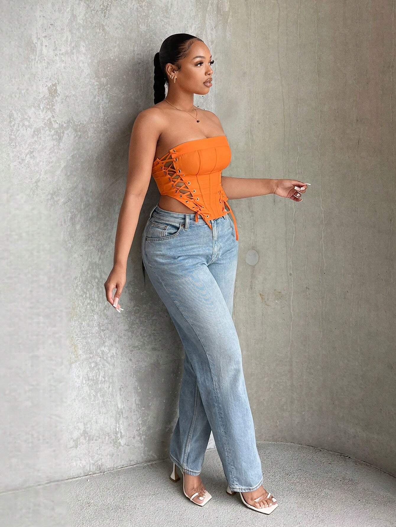 SXY Lace up Front Bandana Hem Tube Top