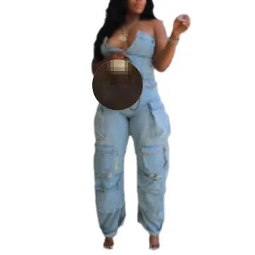 Spring New Design Solid Cargo Jumpsuit Fashion Multi Pockets Strapless Sexy One Piece Romper Women Jumpsuit