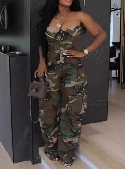 Spring New Design Solid Cargo Jumpsuit Fashion Multi Pockets Strapless Sexy One Piece Romper Women Jumpsuit