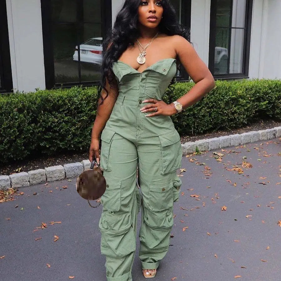 Spring New Design Solid Cargo Jumpsuit Fashion Multi Pockets Strapless Sexy One Piece Romper Women Jumpsuit