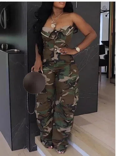 Spring New Design Solid Cargo Jumpsuit Fashion Multi Pockets Strapless Sexy One Piece Romper Women Jumpsuit