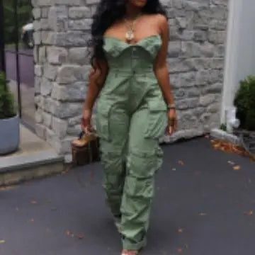 Spring New Design Solid Cargo Jumpsuit Fashion Multi Pockets Strapless Sexy One Piece Romper Women Jumpsuit